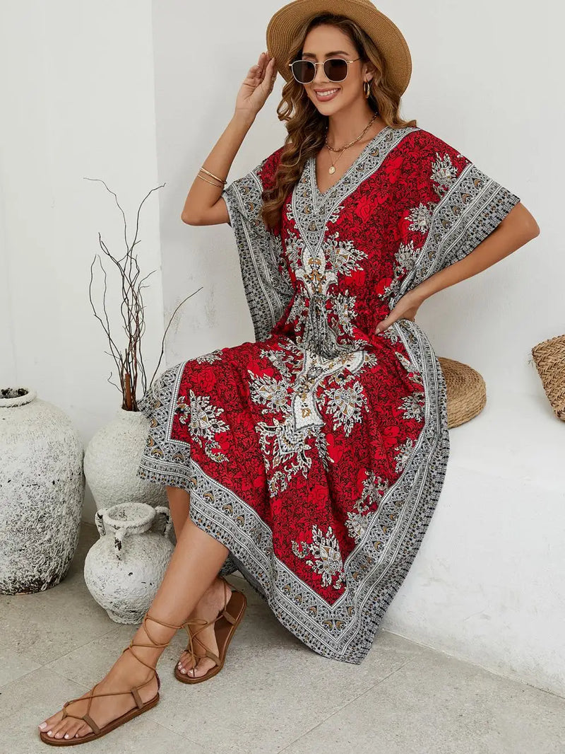 Bohemian V-neck Short Sleeve Beach Smock Dress Women 2023 Summer Loose Casual Sunscreen Print Boho Long Dresses For Women