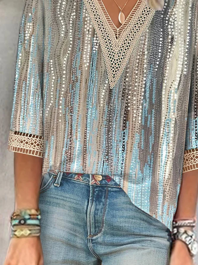 the RAINDROP - Women's Vintage Print Hollow Lace Patchwork Elegant Spring/Summer Trendy Casual V-Neck 3/4 Sleeve Loose Blouse Tops