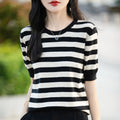 2024 women's cashmere sweater women's short sleeved striped sweater pullover vest T-shirt knitted cashmere sweater