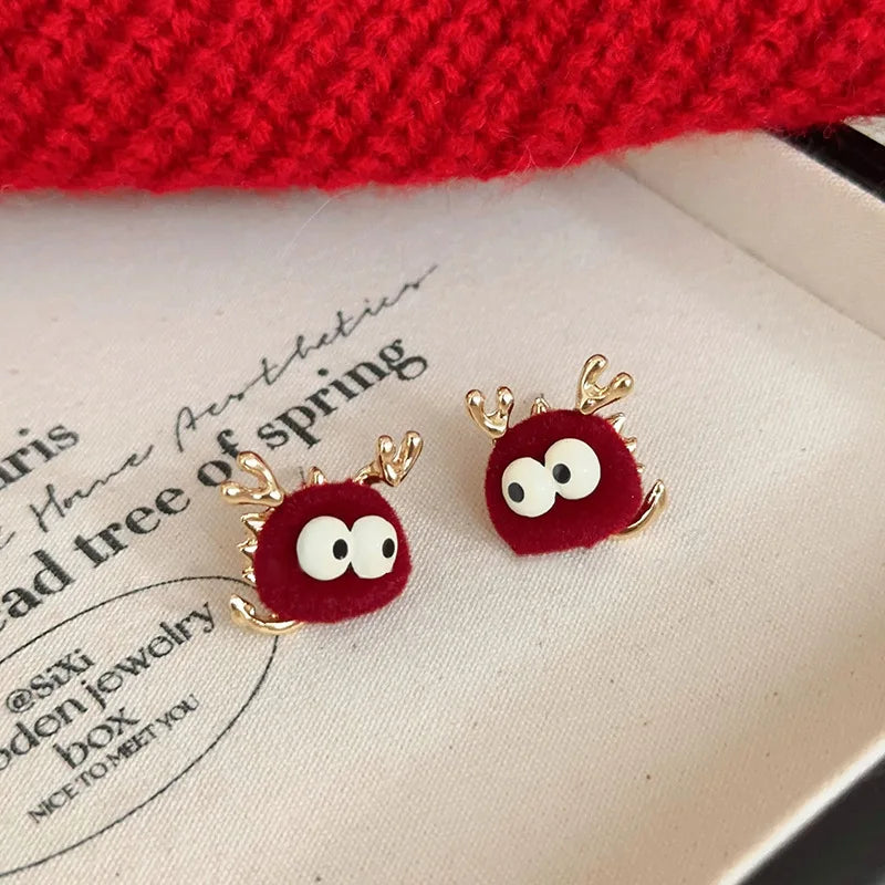 the GOOD FORTUNE - Chinese Style Red Little Lion Bell Pendant Earrings for Women, The Year of The Dragon Festive Jewelry Gifts