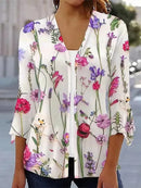 the VINTAGE BOHO - Women's Spring/Autumn Vintage Floral Print Knitted Cardigan Fashion Elegant V-Neck 3/4 Sleeve Tunic Sweater Coats