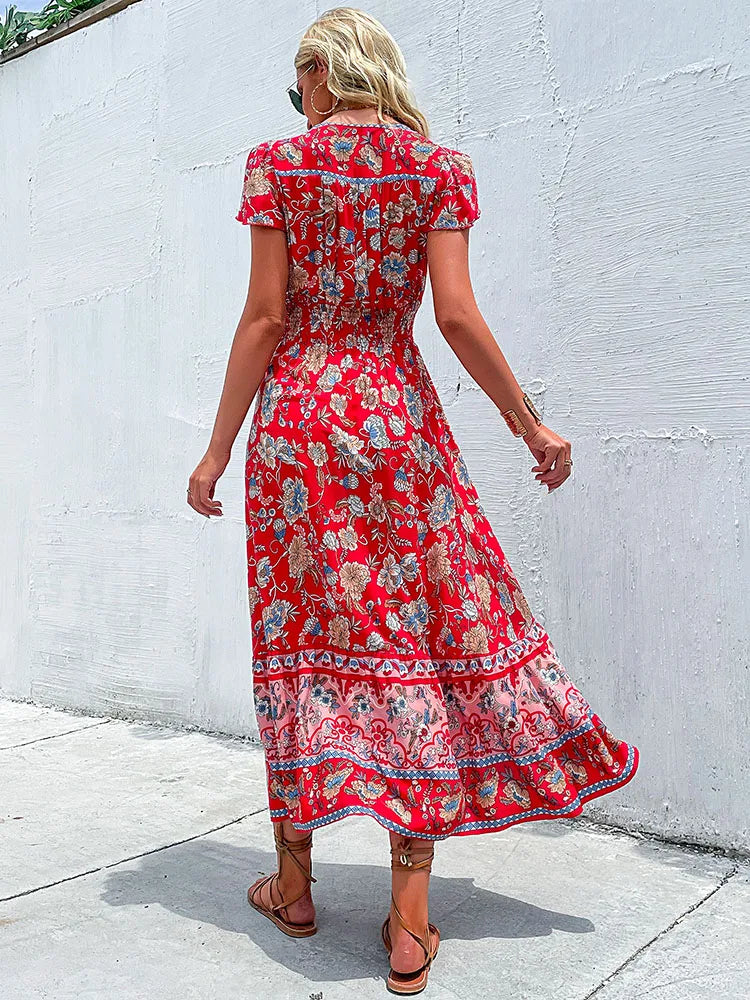 the BANDANA BOHO - Vintage Floral Boho Printed Short Sleeves V-Neck Slit A-Line Bohemian Summer Beach Midi Dresses