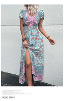 the BANDANA BOHO - Vintage Floral Boho Printed Short Sleeves V-Neck Slit A-Line Bohemian Summer Beach Midi Dresses