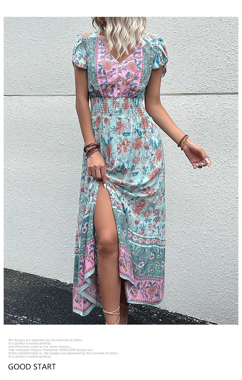 the BANDANA BOHO - Vintage Floral Boho Printed Short Sleeves V-Neck Slit A-Line Bohemian Summer Beach Midi Dresses