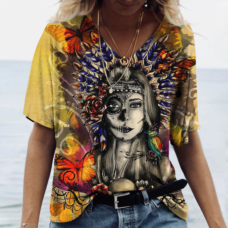 2023 Vintage Skull Face Women's T Shirt Tops V Neck Casual Cotton Short Sleeve Pullover Summer Female Harajuku Punk Streetwear