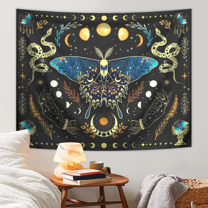 the MOTHMAN - 1PC Butterfly Moon Tapestry, Bohemian Tapestry, Aesthetic Moth Snake Tapestry, Retro Plant Starry Sky Tapestry