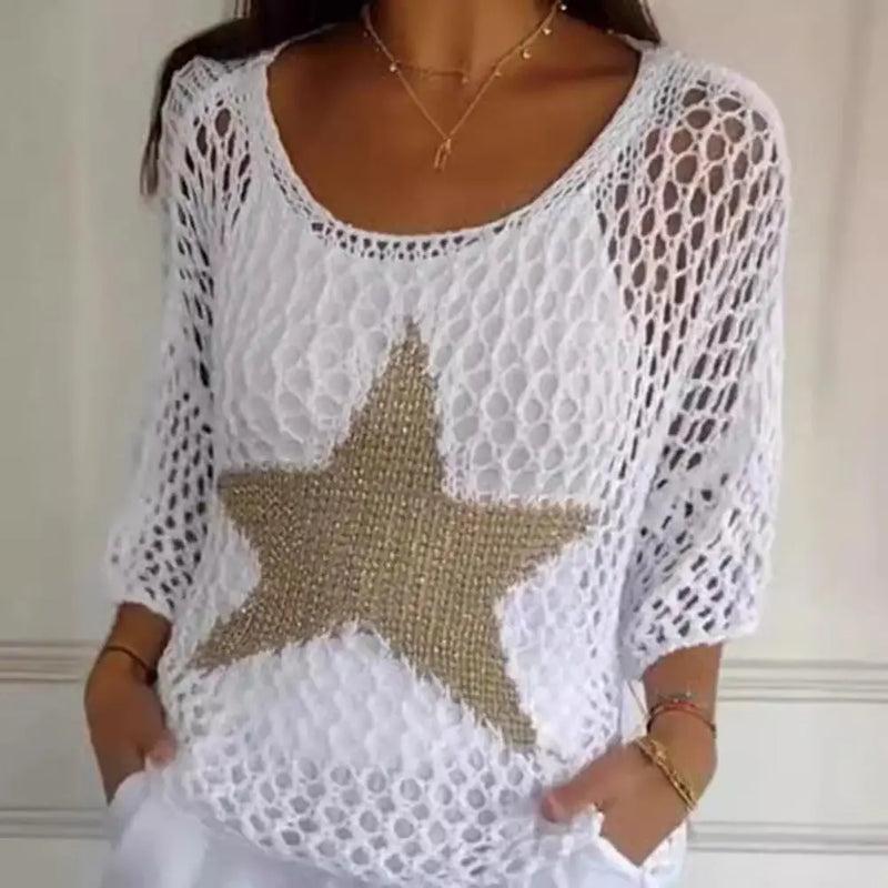 Women Fishnet Pullover Crochet Fishnet Blouse Stylish Women's Crochet Tops O-neck Fishnet Knit Blouse V-neck for Fashionable