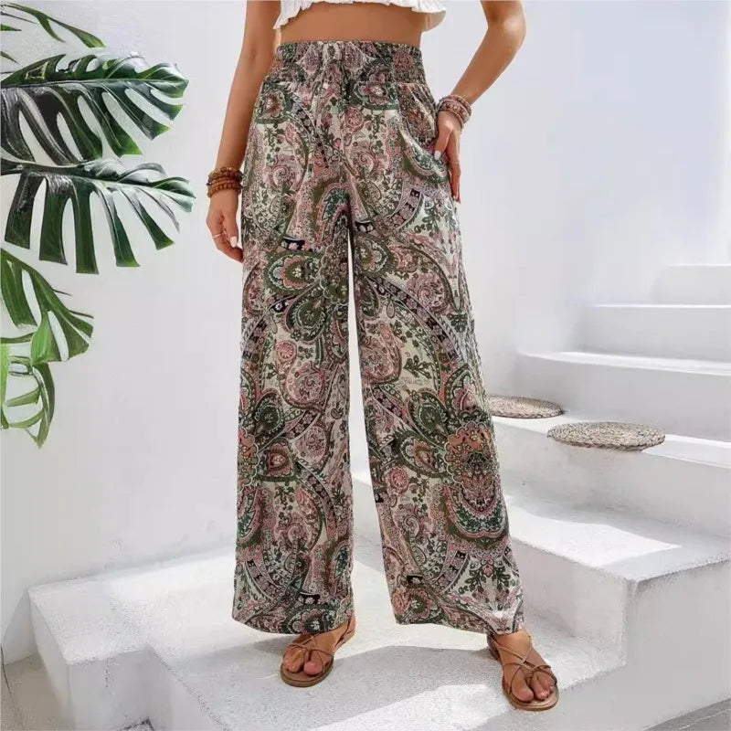 Women's Pants 2024 Summer New Fashion Versatile Printed Elastic Waist Wide Leg Pants Retro Ethnic Style Elastic Waist Trousers