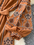 the INDIE BOHO - Bohemian Retro Ethnic Style Spring Autumn Embroidered Lace Up Lantern Sleeves Waist Cinching Long Dress