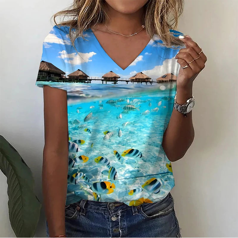 Summer Infauna Shark 3D Print T-shirt Women Streetwear Sea Turtle Shoal T Shirts Y2k Tops Woman V-Neck Tees Oversized Clothing