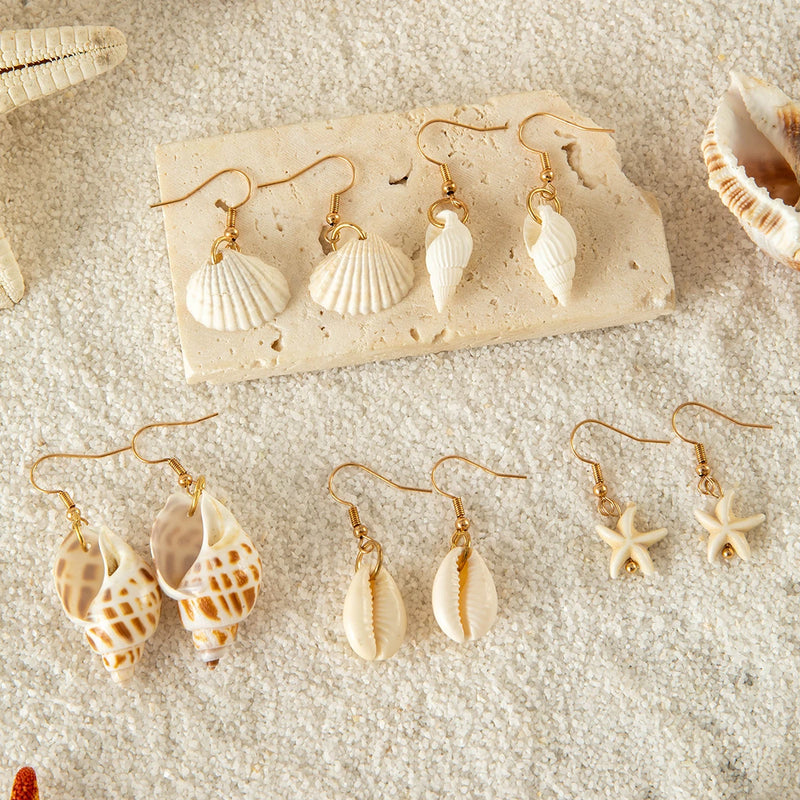 the BEACH TREASURES - 5pair/sets Bohemian Conch Shell Earrings Set for Women, Exquisite Starfish Summer Jewelry