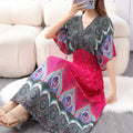 Casual Elegant Retro Bohemian National Style V-neck Elastic  Waist Large Swing Printed Summer Long Skirt Woman Dress Clothes