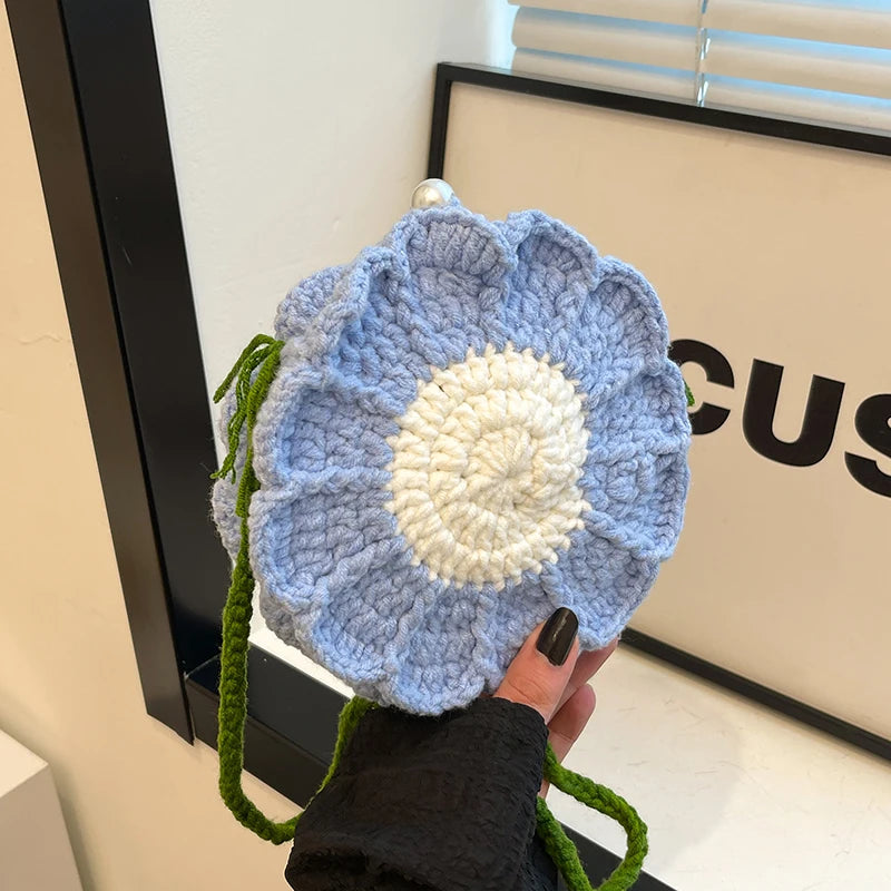 the KNITTED FLOWER - New Fashion Sunflower Pattern Women's Mini Knitted Handbag, Female Woven Shopper Purse, Lovely Design Chain Shoulder Crossbody Bag