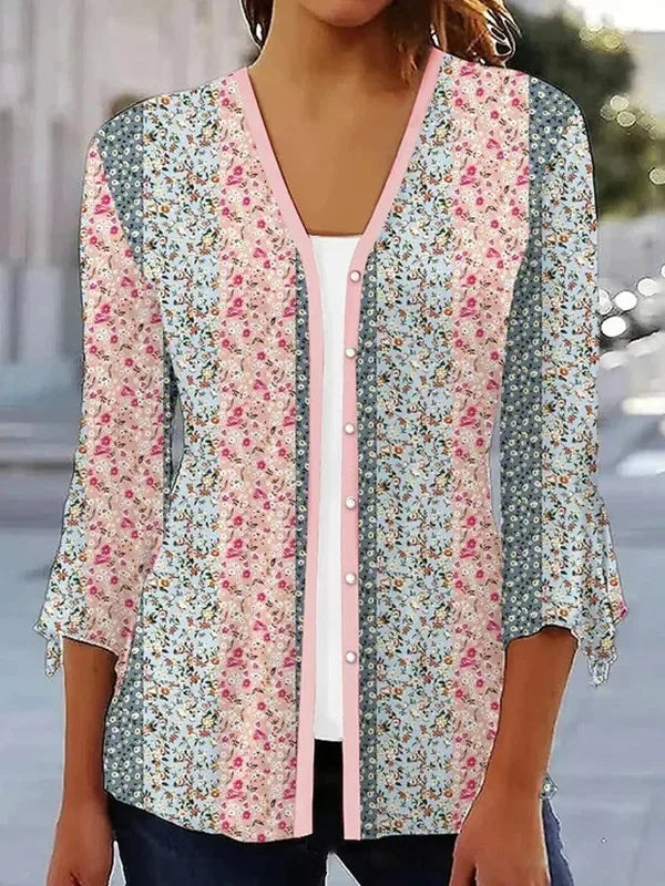 the VINTAGE BOHO - Women's Spring/Autumn Vintage Floral Print Knitted Cardigan Fashion Elegant V-Neck 3/4 Sleeve Tunic Sweater Coats