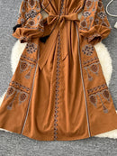 the INDIE BOHO - Bohemian Retro Ethnic Style Spring Autumn Embroidered Lace Up Lantern Sleeves Waist Cinching Long Dress