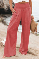the CASUAL BOHO - Women Casual High Elastic Waist Cotton Linen Boho Beach Wear Wide Lag Pants Loose Oversize Casual Pants
