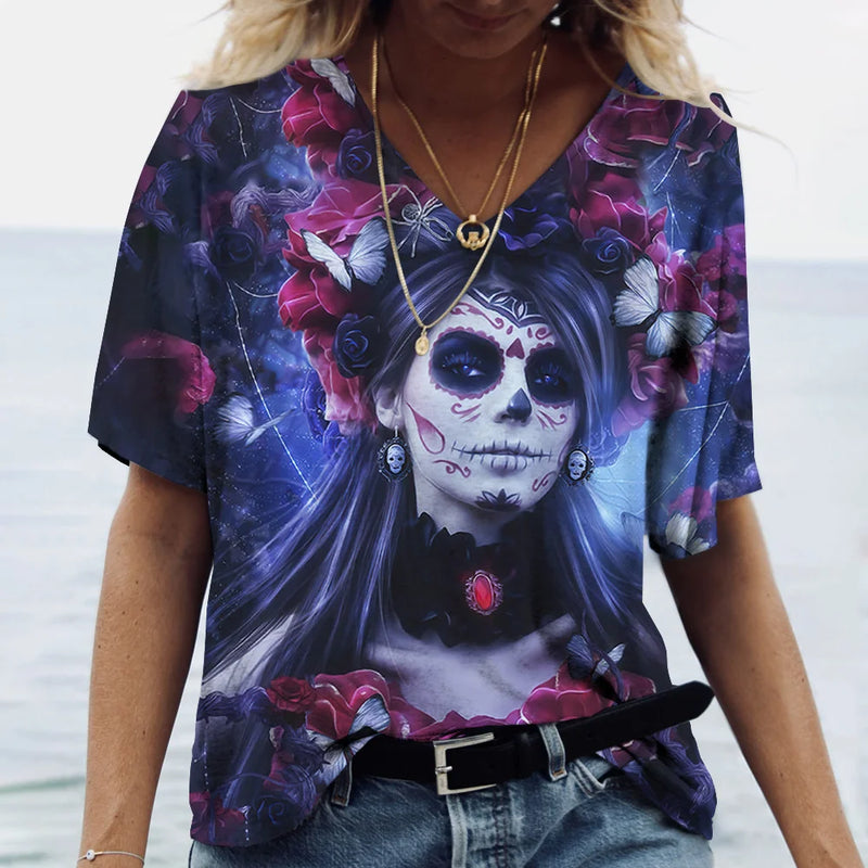 2023 Vintage Skull Face Women's T Shirt Tops V Neck Casual Cotton Short Sleeve Pullover Summer Female Harajuku Punk Streetwear