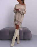 the FANCY FRINGE - Fashionable Casual Lace Slit Mid-Length Loose Pullover/Sweatshirt for Women