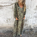 Vintage Leopard Print Loose Long Dresses Women 2025 Spring Elegant V Neck Pocket Maxi Dress Autumn 3/4 Sleeve Boho Holiday Dress