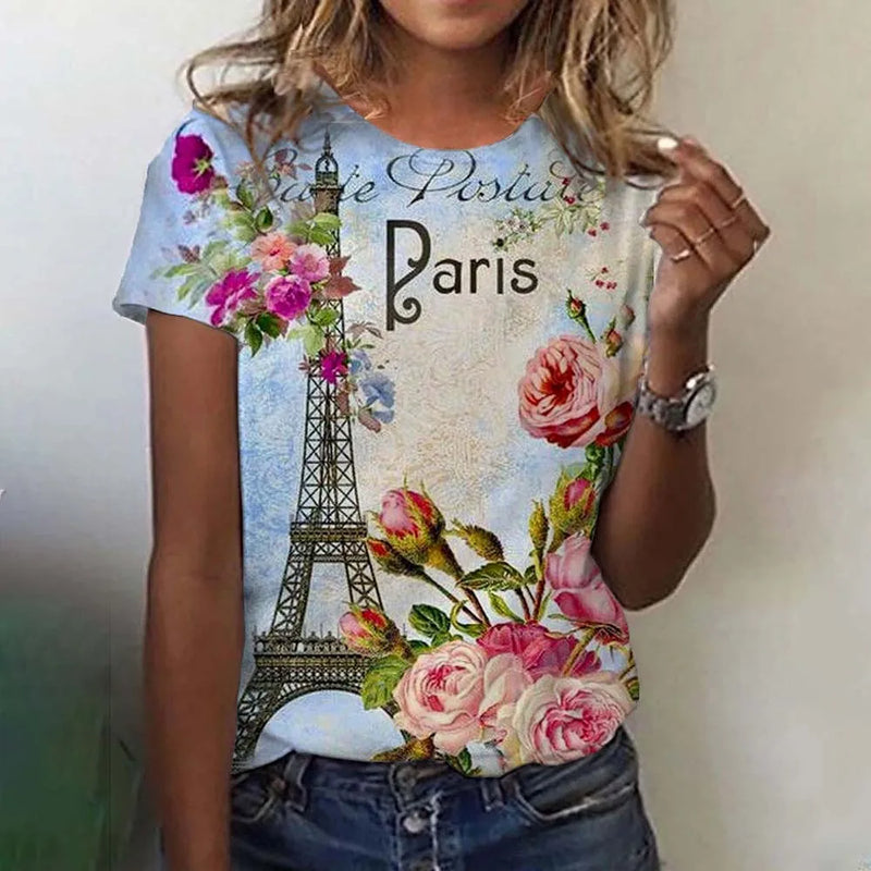 Summer Paris Eiffel Tower 3D Print T-shirts Women Streetwear Casual Fashion Y2k Short Sleeve T Shirt O-neck Tees Tops Clothing