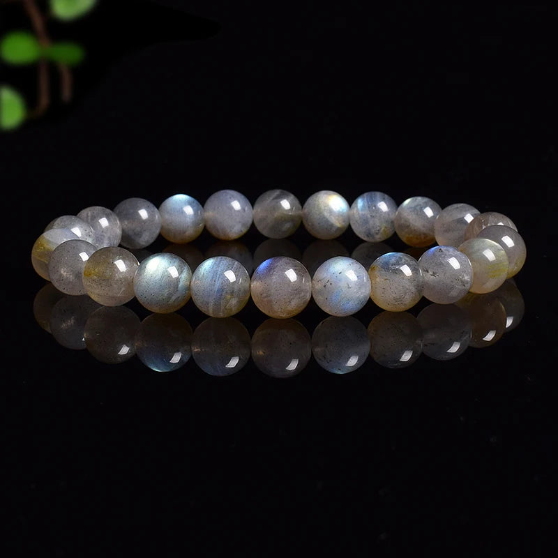 the LABRADORITE - Natural Grey Labradorite Bracelets, Flash Smooth Spectrulite Moonstone Round Elastic Beads Bracelet, Genuine Natural Stone Jewelry