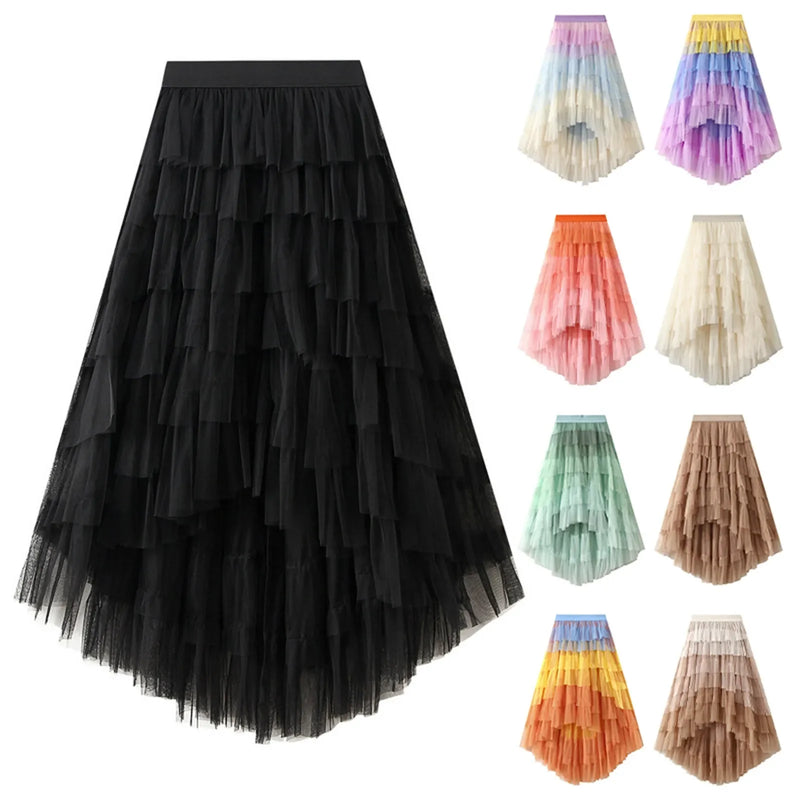 Women's Tulle Skirt Ruffle Multilayer Mesh A Line Tier Tutu Prom  Irregular High Waisted Gradient Rainbow TulleLong Skirt