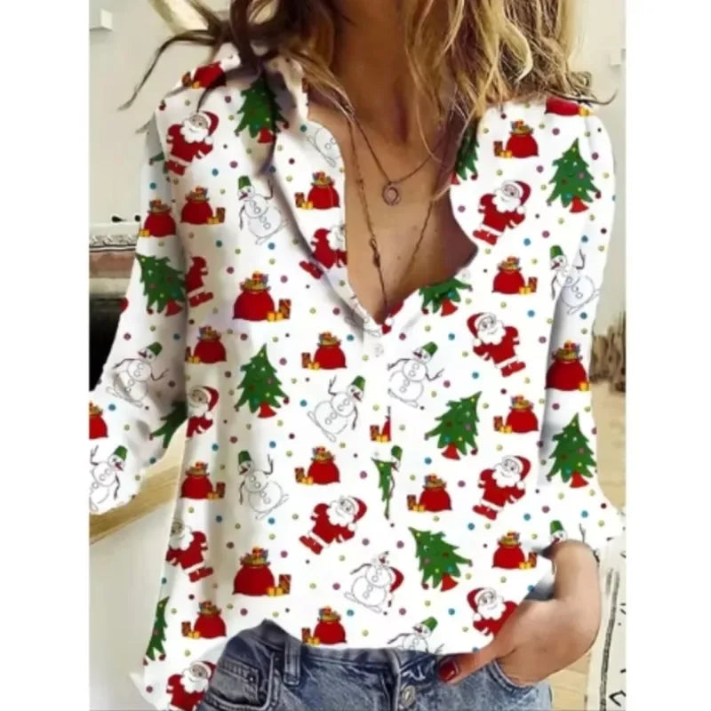 New Christmas Women Clothing Casual Long Sleeve Button Tops Shirts Cute Christmas tree Santa Claus Print Blouses Autumn Blouses