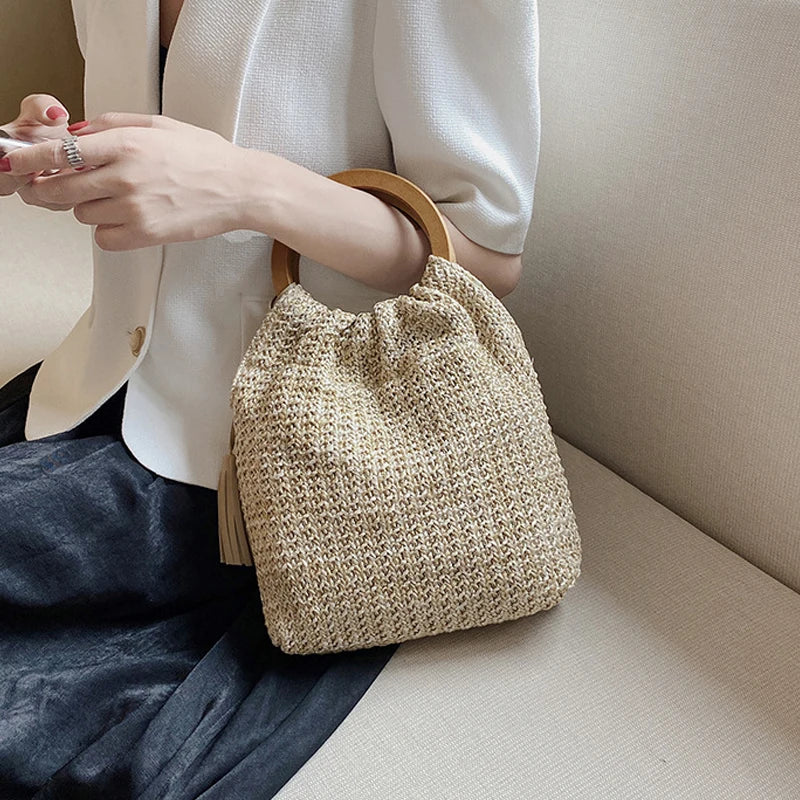 the WOVEN BAG - Straw Bag Rattan Woven Round Tassel Handbag for Women, Large Capacity Shoulder Tote Purse, Ladies Holiday Wood Handle Shopping Bag