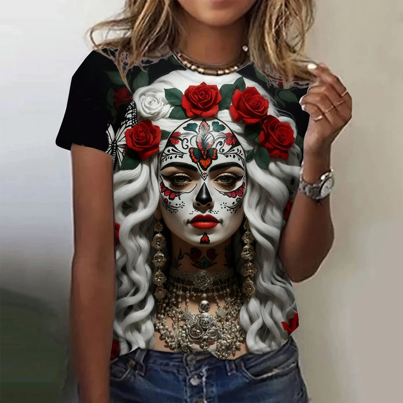 Women's T-shirt for Girls Summer Short Sleeve Casual Fashion  Sexy Girls Clothes Horror Undead Skull Pattern oversized T-shirts