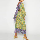 the BOW BOHO - Waist Hollow Sexy Floral Print Backless Bow Elegant O-Neck Lantern Sleeve Long Dress