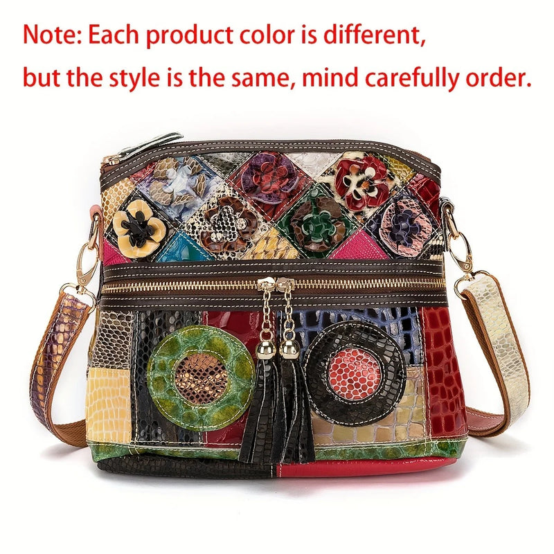 the HIPPIE HOBO - Casual Multi Color Messenger Bag, Snake Pattern Women's Colorful Flowers Splicing Tassels Single Shoulder Purse