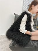 the SHAGGY - Women's Wool Plush Shoulder Bags, Hot Girls Faux Fur Drawstring Bucket Bag, Fashion Female Furry Purse Tote Handbags