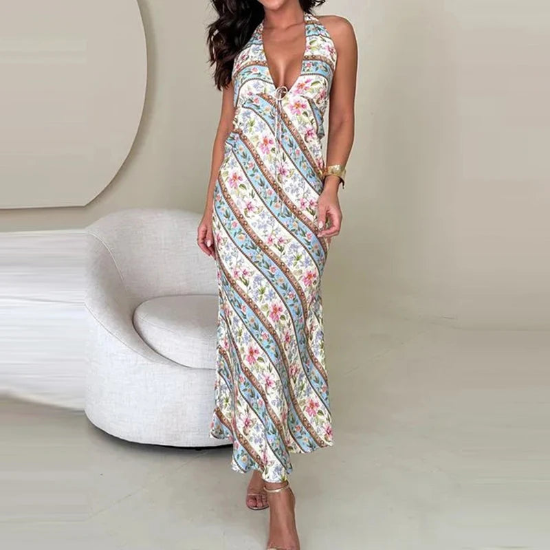 Women Elegant Floral Print Beach Long Dress New Summer Halter Low Cut Slim Party Dress Casual Sleeveless Lace Up Bohemian Dress