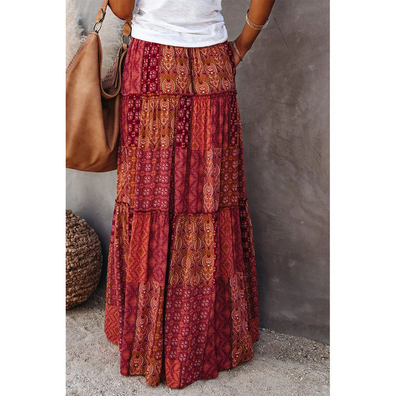 New Long Skirt Retro Skirt Loose Casual High Waist Skirt Bohemian Style Patchwork Pleated Pocket Skirt