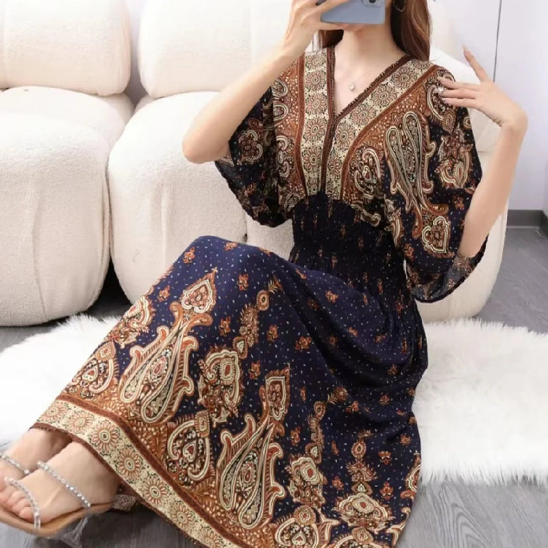 Casual Elegant Retro Bohemian National Style V-neck Elastic  Waist Large Swing Printed Summer Long Skirt Woman Dress Clothes