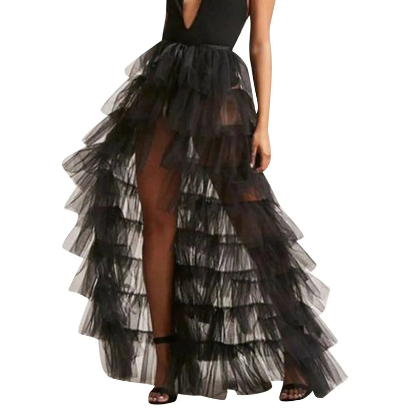 Women Long High Low Ruffles Tulle Skirt Solid Color Mesh Tied-Up Irregular Floor-Length Party Train Overskirt Cover Ups