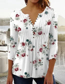 the FLOWER SHOP - Women's Vintage Floral Print Pleated Button Spring/Summer Fashion V-Neck 3/4 Sleeve Elegant Slim Blouse Tops