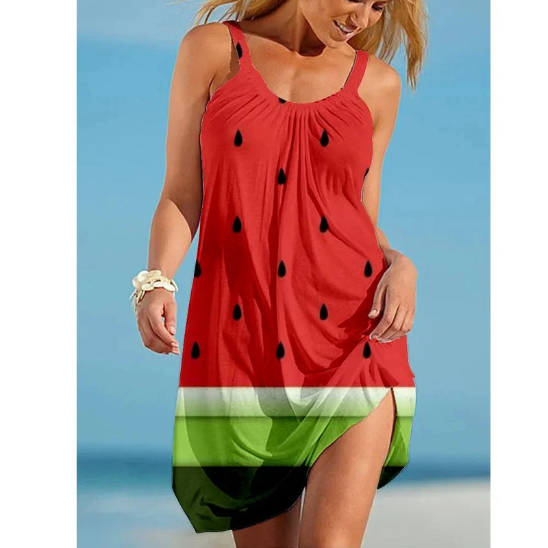 Summer new 3D printed watermelon print sexy women's dress midi sleeveless dress retro women's suspender bohemian street clothing