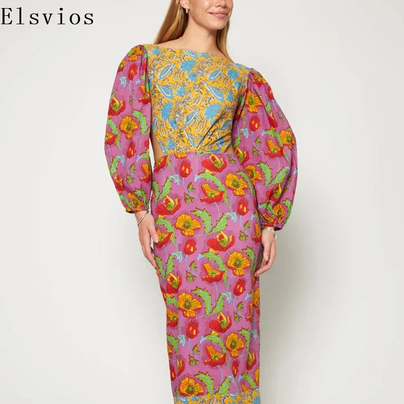 Ethnic Women Waist Hollow Party Dress Lady Sexy Floral Print Backless Bow Dress Autumn Elegant O-Neck Lantern Sleeve Long Dress