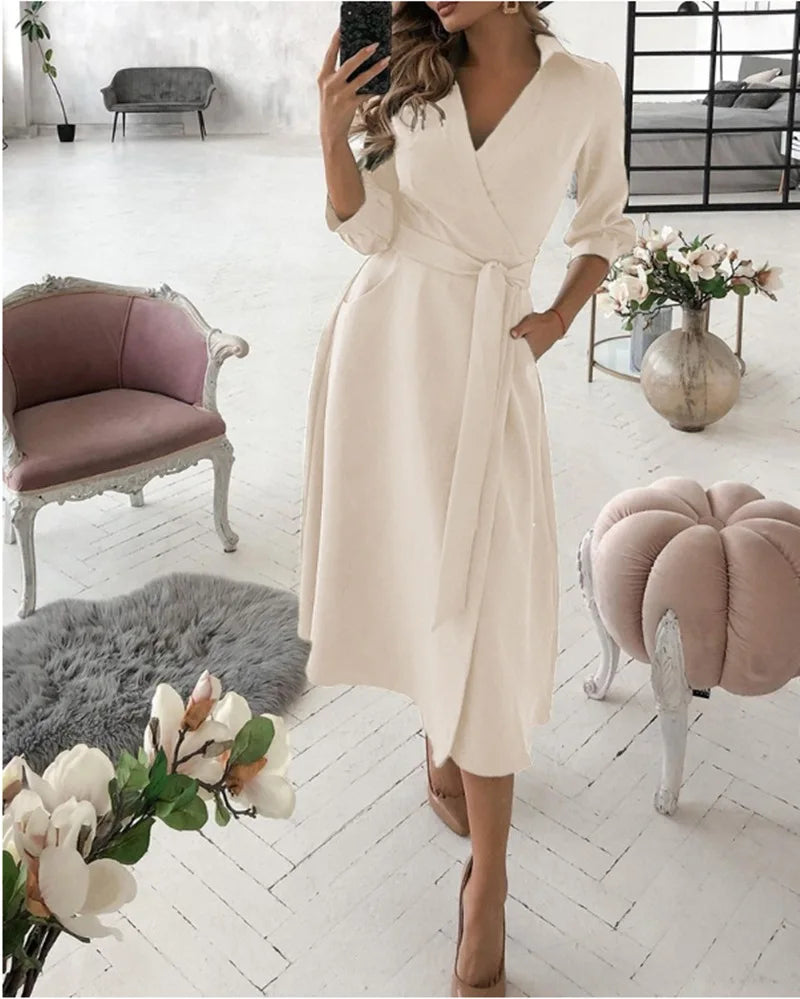 Women V-Neck Dress Spring And Summer New Fashion Three Quarter Sleeve Printed Women's Dress With Waist Tie Up Polo Long Dress