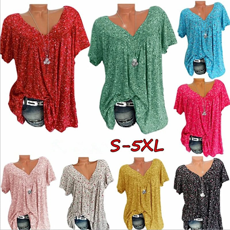 Casual Large Size V-Neck T-Shirt Tops Fashion Women T-Shirt Summer Printed Loose Bottoming Shirt