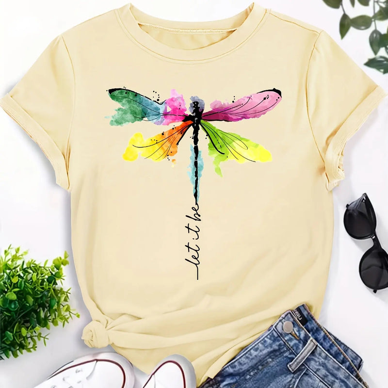 Dragonfly Print Crew Neck T-Shirt, Casual Short Sleeve T-Shirt For Spring & Summer, Women's Clothing