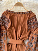 the INDIE BOHO - Bohemian Retro Ethnic Style Spring Autumn Embroidered Lace Up Lantern Sleeves Waist Cinching Long Dress