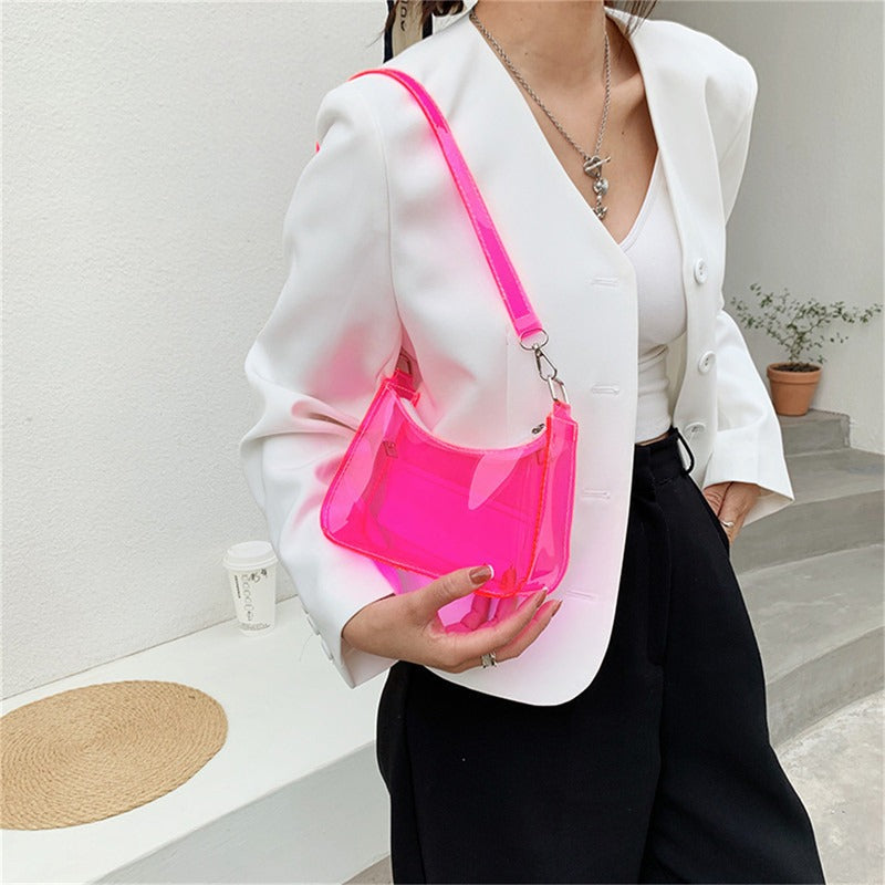 the NEON BAG - Clear Jelly Shoulder Bag for Women, Small Zipper Underarm Purses & Fashion Handbag