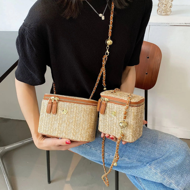 the PICNIC BOHO - Mini Straw Bucket Crossbody Bag for Women, Summer Weave Women's Brand Handbags and Purses, Fashion Chain Simple Shoulder Bags