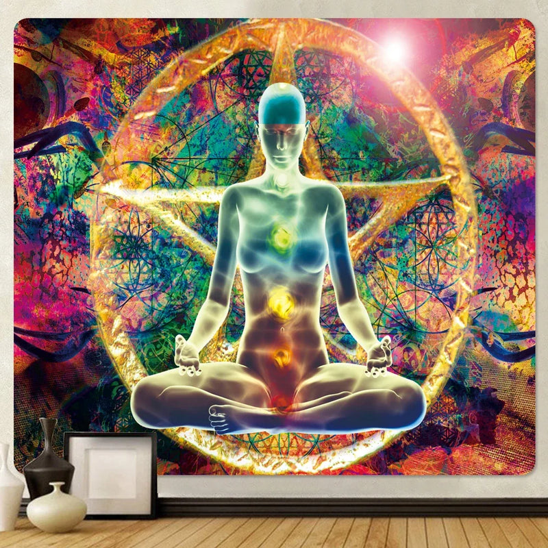 the MEDITATION - Mandala Seven Chakra Psychedelic Scene Home Decor Art Tapestry Hippie Wall Hanging, Boho Room Wall Decor