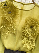 the SHEER BOHO - Women's Loose O-Neck Long Sleeves Sheer Bohemian Transparent 3D Floral Blouse