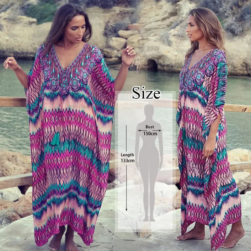 2023 Bohemian Printed V-neck Batwing Sleeve Long Loose Summer Dress For Women Clothes  Streetwear Moroccan Caftan Q831