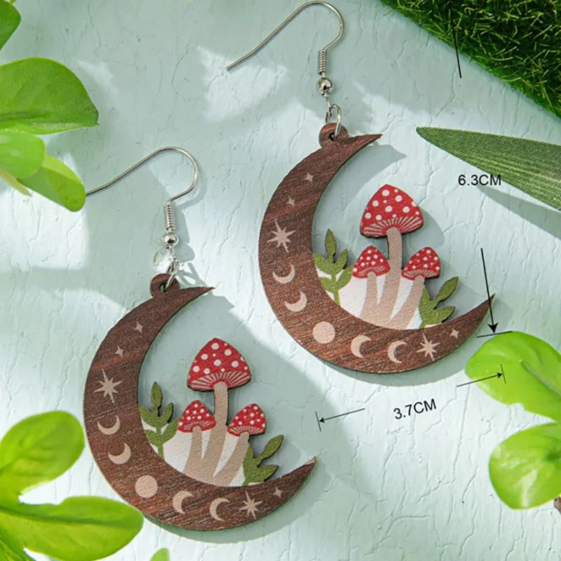 the MUSHROOM MOON - Fashion Cute Wooden Earrings for Women, Simple Personality Double-Sided Printed Mushroom Moon Earrings Jewelry