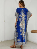 the BOHO SMOCK - Bohemian V-Neck Short Sleeve Beach Smock Summer Loose Casual Sunscreen Print Boho Long Dresses For Women